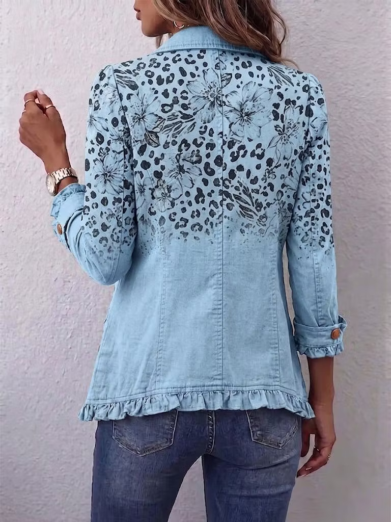 Boho-style Vintage Leopard And Floral Print Ruffle-detail Jacket