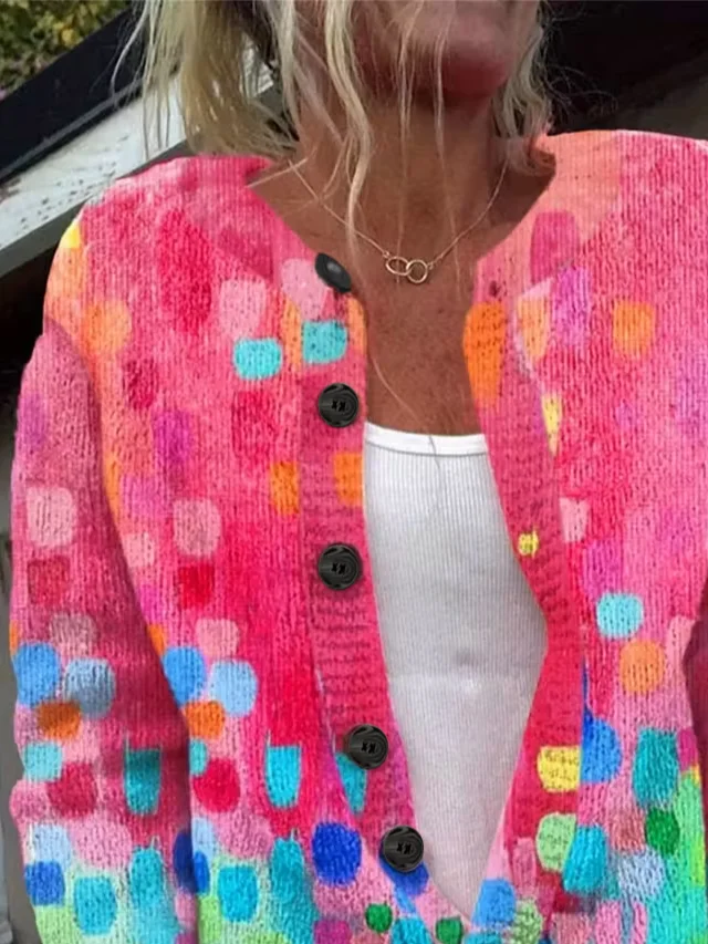 Women Abstract Printing Long Sleeve Crew Neck Vintage Cardigan Outerwear