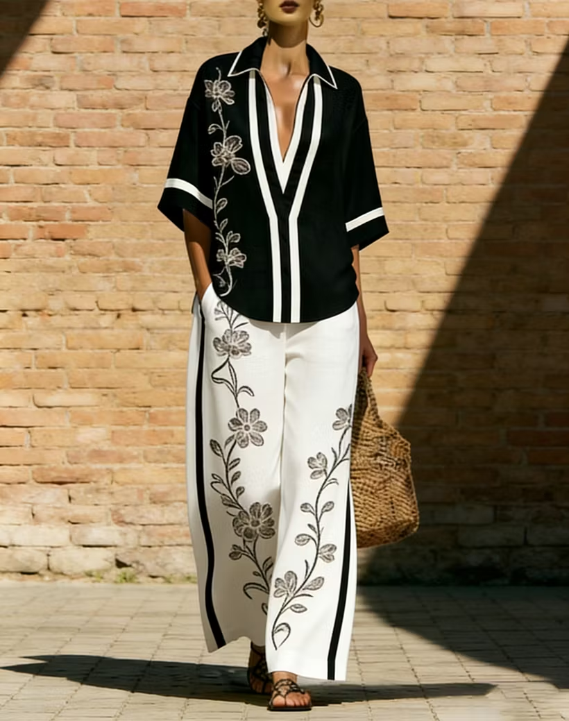 Women's Disc Pattern Short Sleeve Top Wide Leg Pants Two-piece Set