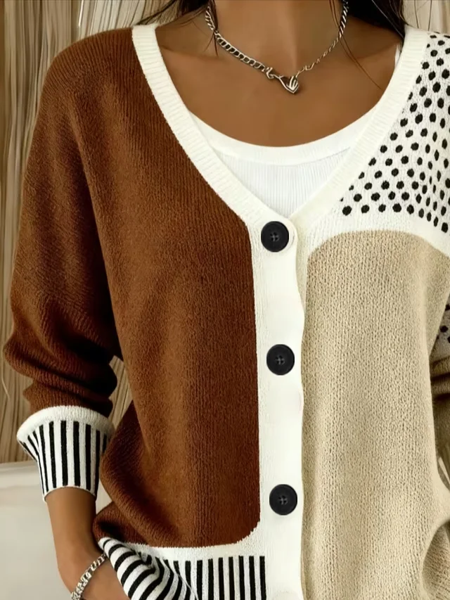 Women Abstract Long Sleeve V Neck Casual Cardigan Outerwear