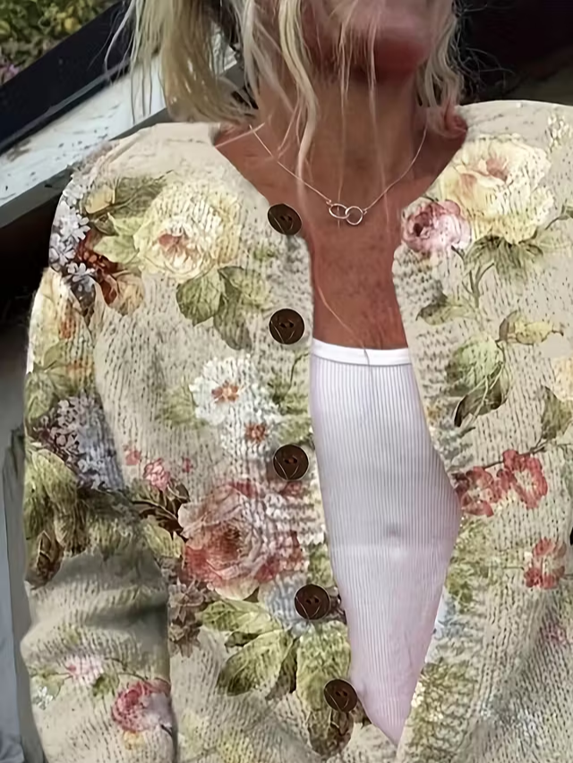 Women Floral Printing Long Sleeve Crew Neck Vintage Cardigan Outerwear
