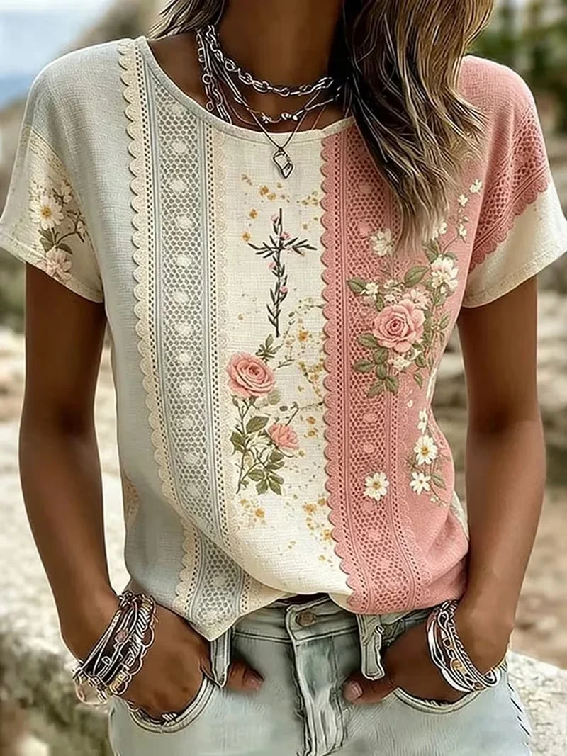 Women Floral Long Sleeve Tee T-shirt Crew Neck Printing Casual Top