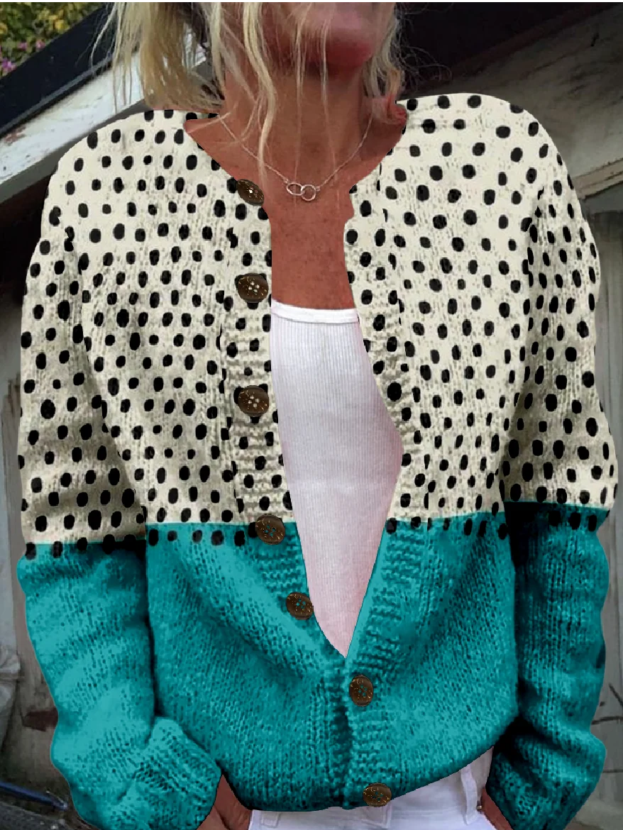 Women Polka Dots Long Sleeve Crew Neck Vintage Cardigan Outerwear