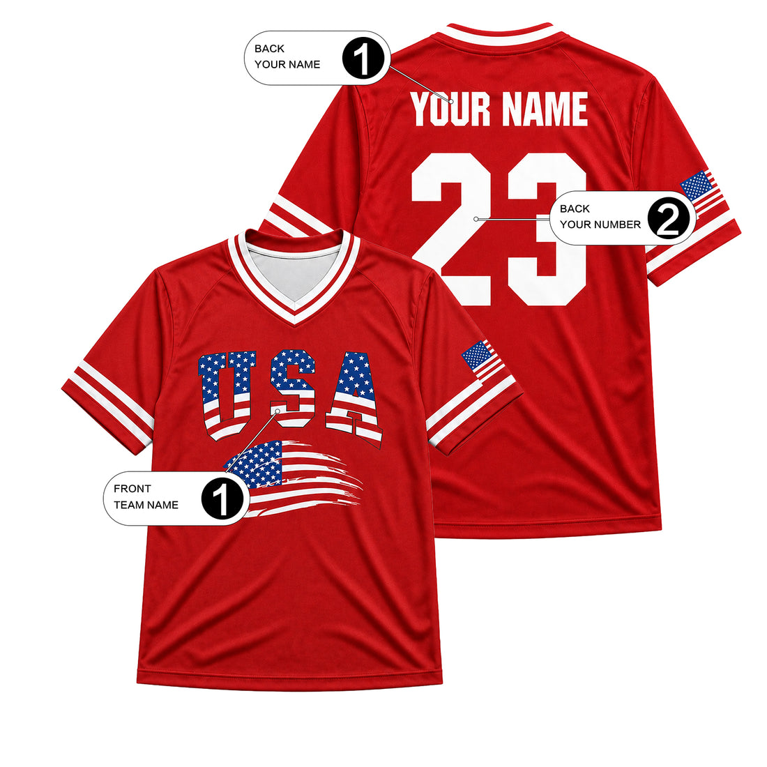 Men USA Soccer Custom Name Number Red V Neck Jersey