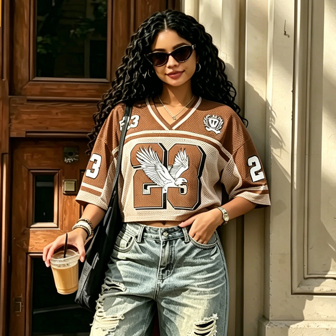 Women's Custom Football Jersey Shirts Brown Y2K Number Logo Crop Tops Soccer Jersey Tee Streetwear Tops