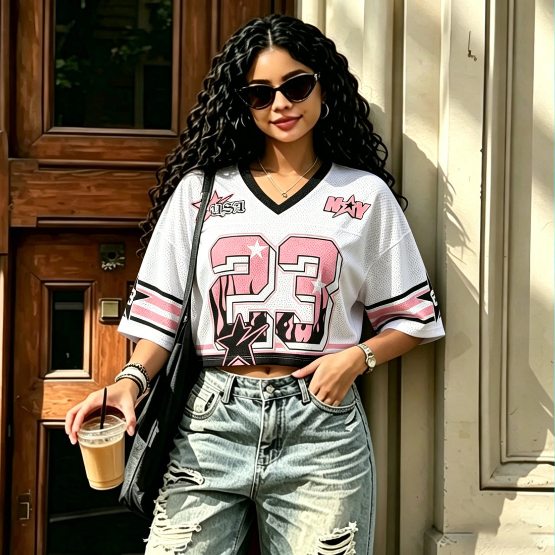 Women's Custom Football Jersey Shirts White Y2K Number Logo Crop Tops Soccer Jersey Tee Streetwear Tops