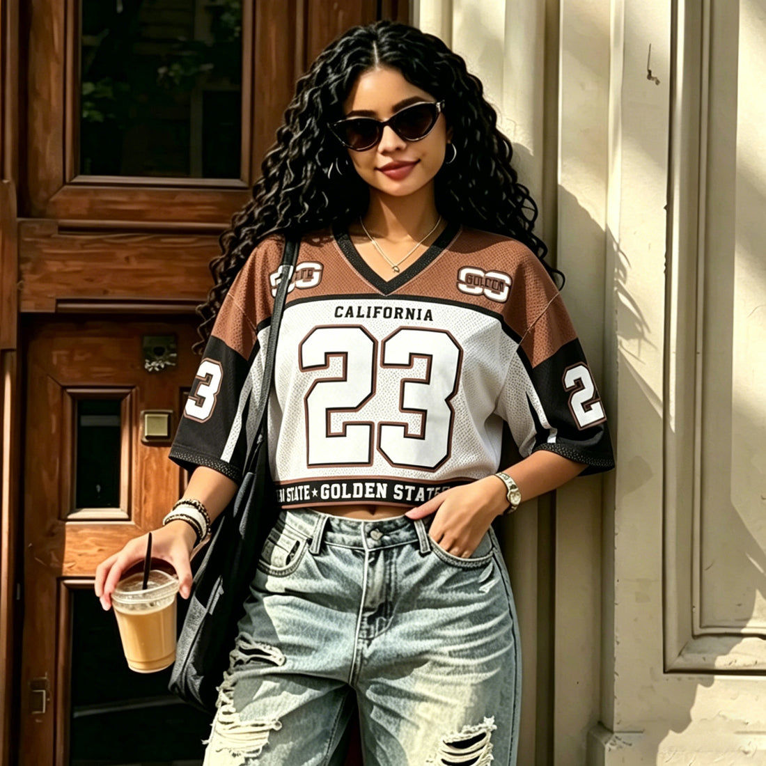 Women's Custom Football Jersey Shirts Brown White Y2K Number Logo Crop Tops Soccer Jersey Tee Streetwear Tops