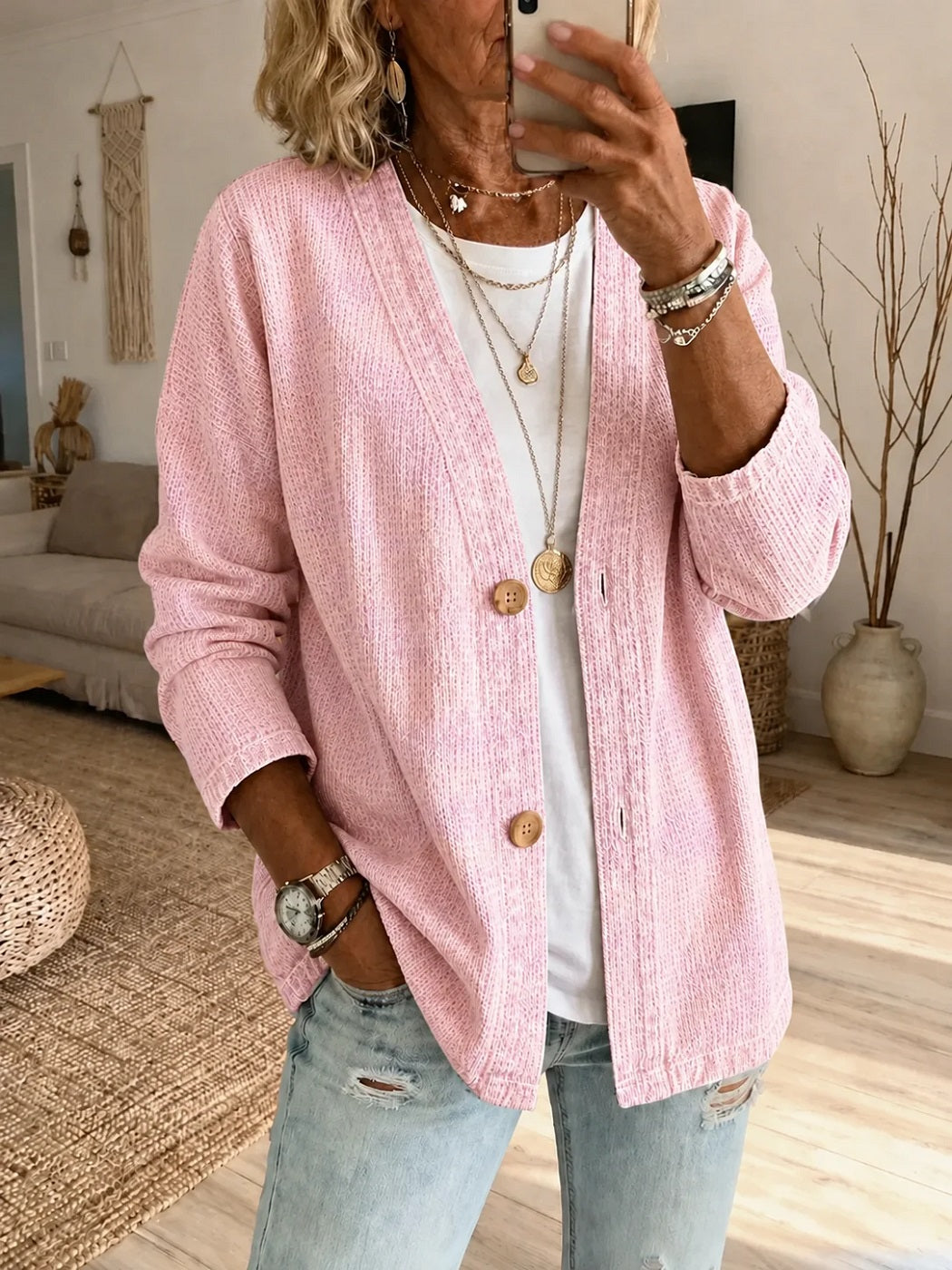 Women Abstract Geometry Printing Long Sleeve Casual Jacket Outerwear