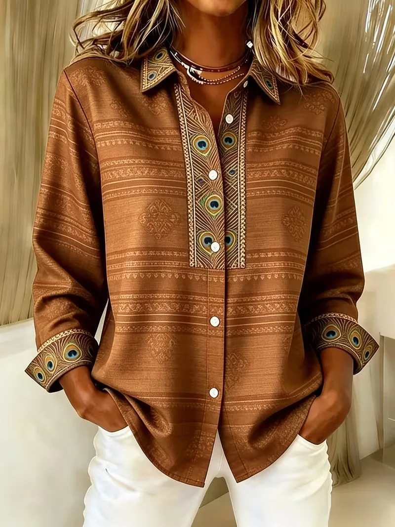 Women Abstract Shirt Collar Long Sleeve Shirt