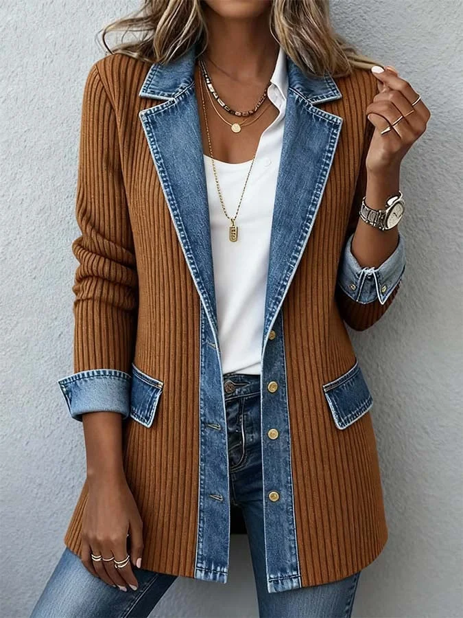 Women Contrast Stitching Split Joint Long Sleeve Lapel Collar Vintage Jacket