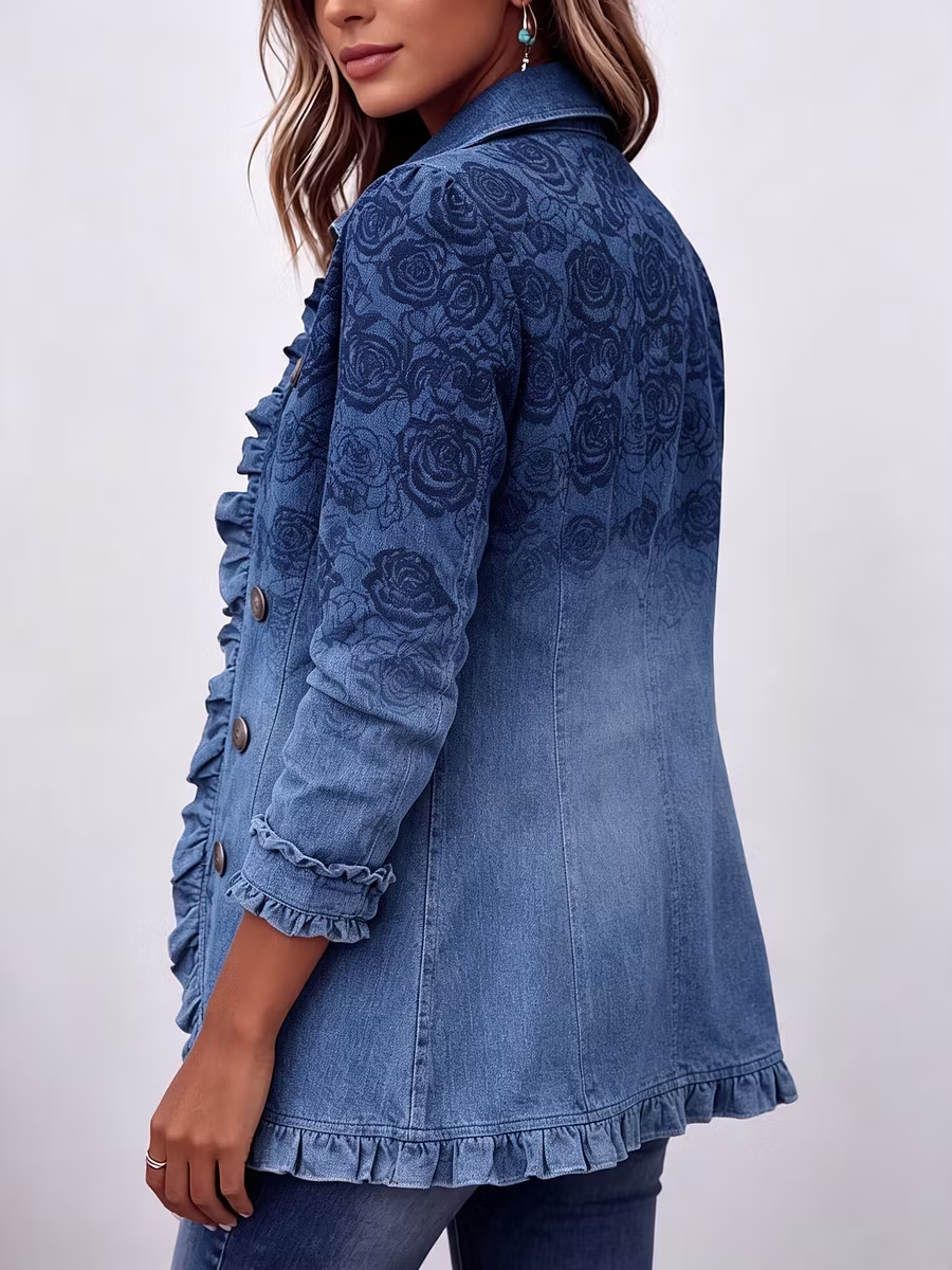 Retro Blue Rose Gradient Print Ruffle Jacket