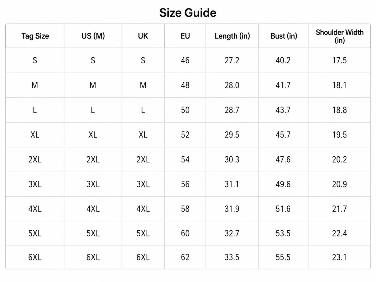 Men's Team Jesus Crew-neck T-shirt size guide